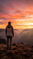 Woman hiker standing on mountain cliff overlooking vast canyon valley at golden hour sunrise, contemplating scenic landscape with dramatic orange and yellow sky.