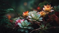 Succulent plants with water droplets in enchanted forest setting, glowing with magical light against dark green foliage background.