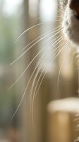 Close-up of cat whiskers with soft blurred background, showcasing fine facial sensory hairs in natural light for pet and animal content.