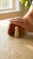 Protective hands covering wooden figure on table symbolizing care, support, insurance and human resources management in warm natural light.