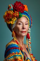 Senior Caucasian woman wearing vibrant crocheted headdress with red and yellow flowers, colorful knitted ethnic style costume against green studio background.