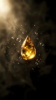 Golden oil drop with bubbles floating in dark atmospheric background with warm light rays for luxury cosmetics and skincare product advertising.