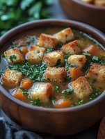 Hearty vegetable soup with golden croutons and fresh herbs in rustic wooden bowl. Comfort food perfect for cold weather dining and healthy meal concepts.