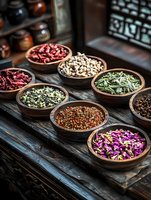 Variety of colorful dried herbs, flowers and spices in wooden bowls arranged on rustic dark table, traditional oriental medicine and cooking ingredients.
