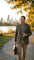 Middle-aged Caucasian male professional walking along waterfront path during golden hour autumn, holding briefcase and coffee cup, wearing blazer and casual attire with city skyline background.