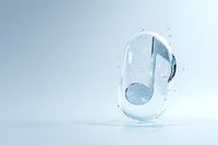 Musical note symbol made of clear water with splashes and droplets on light blue background, creative liquid art composition for music and sound concepts.