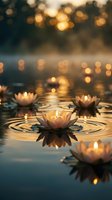 Floating lotus flowers with glowing candles create peaceful water ripples at sunset with warm bokeh lights reflecting on tranquil pond surface for meditation.