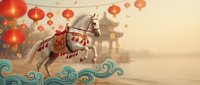 White horse with ornate red saddle leaping over stylized waves during festive celebration with hanging red lanterns in warm golden atmosphere.