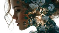 Young woman in profile with flowing hair adorned with lush botanical elements and golden light effects for creative design projects.