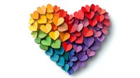 Rainbow colored heart shape made from small paper hearts arranged in gradient pattern on white background, suitable for valentines designs and love themed projects.