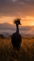Crowned crane silhouette standing in golden grassland during dramatic sunset with warm orange sky and misty mountains in background for wildlife photography.