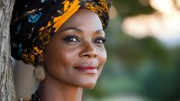 Portrait of African woman with traditional headwrap and earrings leaning against tree trunk in soft natural lighting with blurred background.
