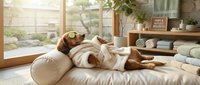 Relaxed dog wearing sunglasses lying on comfortable cushions in bright modern living room with natural light streaming through large windows.