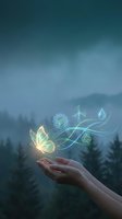 Hand holding glowing butterfly with renewable energy icons and flowing lines against misty forest backdrop, representing sustainability and environmental conservation concepts.