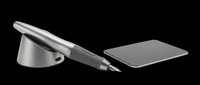 Metallic fountain pen with chrome finish and black grip, displayed with matching cap and ink cartridge on transparent background, ready for clipart, print-on-demand, sublimation, and design projects.