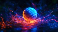 Glowing golf ball with electric lightning effects against dark background, dramatic orange and blue color contrast creates futuristic sports concept.