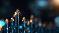 Glowing crystal arrow points upward against dark background with blue bokeh lights, representing growth, success and future direction in business visualization.