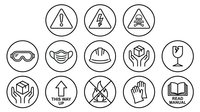 Safety warning icons set with protective equipment symbols including goggles, masks, helmets and hazard signs for workplace guidelines and manual instructions.