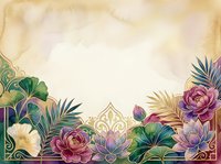 Vintage floral border with ornate gold damask accents, pink peonies, and tropical foliage on aged parchment background. Suitable for invitations and stationery design.
