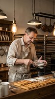 Middle-aged male baker with gray hair and beard, wearing beige linen shirt and apron, dusting flour over freshly baked eclairs in rustic bakery kitchen with pendant lighting and copper cookware.
