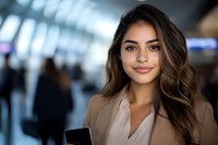 Young Hispanic businesswoman with confident smile holding smartphone in modern office corridor with blurred background. Professional corporate portrait.