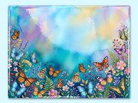 Colorful butterfly garden with vibrant flowers and foliage on dreamy watercolor background for spring nature designs and botanical artwork projects.