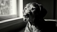 Senior dog portrait in black and white sitting by window with natural light creating dramatic shadows and contemplative mood for pet photography.