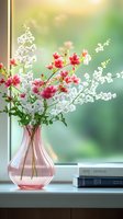 Fresh pink azaleas and white baby's breath arranged in pink glass vase on windowsill with soft natural lighting and stacked books, creating serene spring atmosphere.
