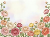 Watercolor ranunculus flowers border in pink, peach, yellow and cream tones on soft pastel background with copy space for text.
