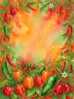 Watercolor frame featuring red and green chili peppers, bell peppers, and raspberries with foliage on warm gradient background. Suitable for food packaging, recipe cards, and culinary designs.
