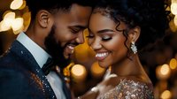 African American bride and groom share intimate moment at evening wedding reception with soft bokeh lights creating romantic atmosphere and warm golden glow.