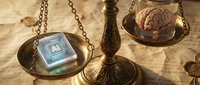 Vintage brass scales balancing AI microchip against human brain representing artificial intelligence versus human intelligence technology ethics concept.