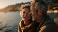 Happy mature couple embracing on beach at sunset, laughing together during romantic vacation. Middle-aged man and woman enjoying golden hour by ocean shore.