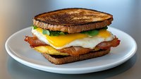 Grilled breakfast sandwich with crispy bacon, melted cheese, sunny side up egg and fresh lettuce served on toasted bread on white plate against blue background.