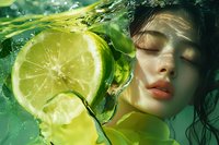 Young Asian woman with closed eyes and red lips floating in green water with fresh lime slices, creating refreshing spa and beauty concept atmosphere.