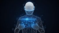 Digital human figure with glowing brain holding futuristic holographic interface panel against dark background for technology and AI concepts.