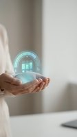 Smart home control interface glowing in hands of person wearing light shirt, displaying digital thermostat with temperature settings and connected home automation icons for energy management.