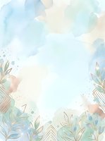Soft watercolor background with pastel blue, green, and beige tones, gold line art leaves, and geometric accents for cards or invitations.