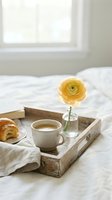 Morning coffee and croissant breakfast served on rustic wooden tray with yellow ranunculus flower in glass vase on white bed linen near window for cozy lifestyle.