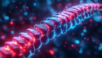 Glowing spine vertebrae on dark background with red and blue bokeh lights, medical visualization for healthcare and anatomy education presentations.