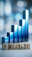 Wooden blocks spelling SKILL with ascending blue bar chart representing professional development, career growth and business success in corporate environment.