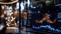 Financial data visualization on computer screen with glowing charts, graphs and statistics against blurred bokeh background. For business analytics.