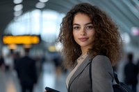 Young mixed race businesswoman with curly hair smiling confidently in modern airport terminal, wearing grey blazer and holding digital tablet for travel or work.
