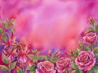 Watercolor floral border with pink roses and fuchsia flowers on vibrant magenta background, perfect for greeting cards, invitations, and romantic designs.