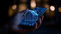 Glowing blue hologram house projection from smartphone screen with bokeh lights in dark background, futuristic real estate technology concept.