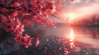 Dreamy spring landscape with pink cherry blossoms over tranquil lake at sunset, floating petals on water surface creating magical atmosphere.