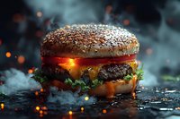 Juicy cheeseburger with sesame bun and fresh lettuce on dark background with dramatic smoke and glowing sparks, atmospheric food photography for restaurant menu.