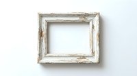 Rustic white wooden picture frame with peeling paint and distressed texture, isolated on white background, ready for design use.