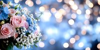 Pink roses and baby breath bouquet against blurred bokeh lights background in soft blue tones, creating romantic wedding or celebration atmosphere.
