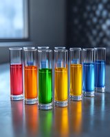 Colorful liquid samples in glass test tubes arranged in rainbow sequence on reflective surface, glowing with vibrant hues against dark background. Scientific research concept.